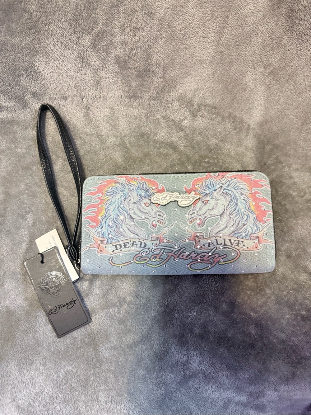 Ed Hardy Light Blue & Pink Unicorn Zip Wristlet with Strap